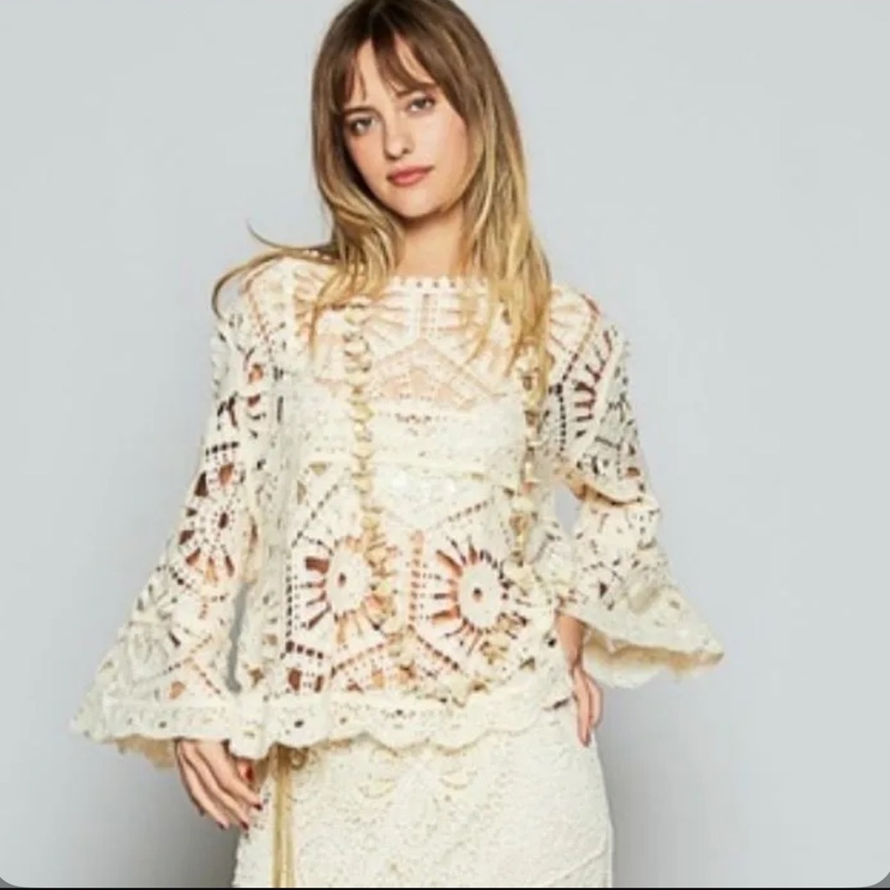 POL cream crochet 3/4 sleeve knit top bohemian boho, one size